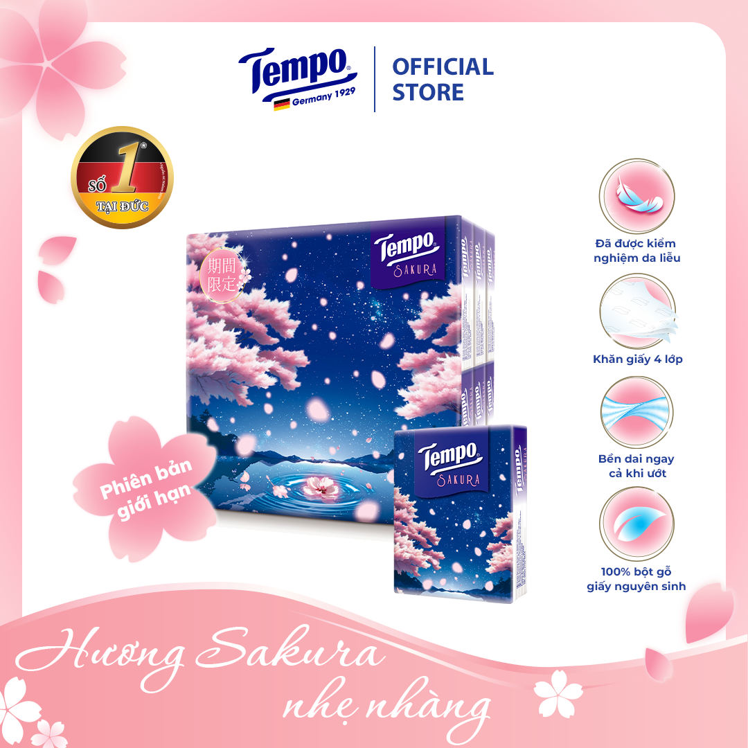 [LỐC 18 GÓI] Khăn Giấy Bỏ Túi Cao Cấp Tempo Petit Hương Sakura- 4 Lớp Bền Dai, Được Kiểm Nghiệm Da Liễu -Thương Hiệu Đức