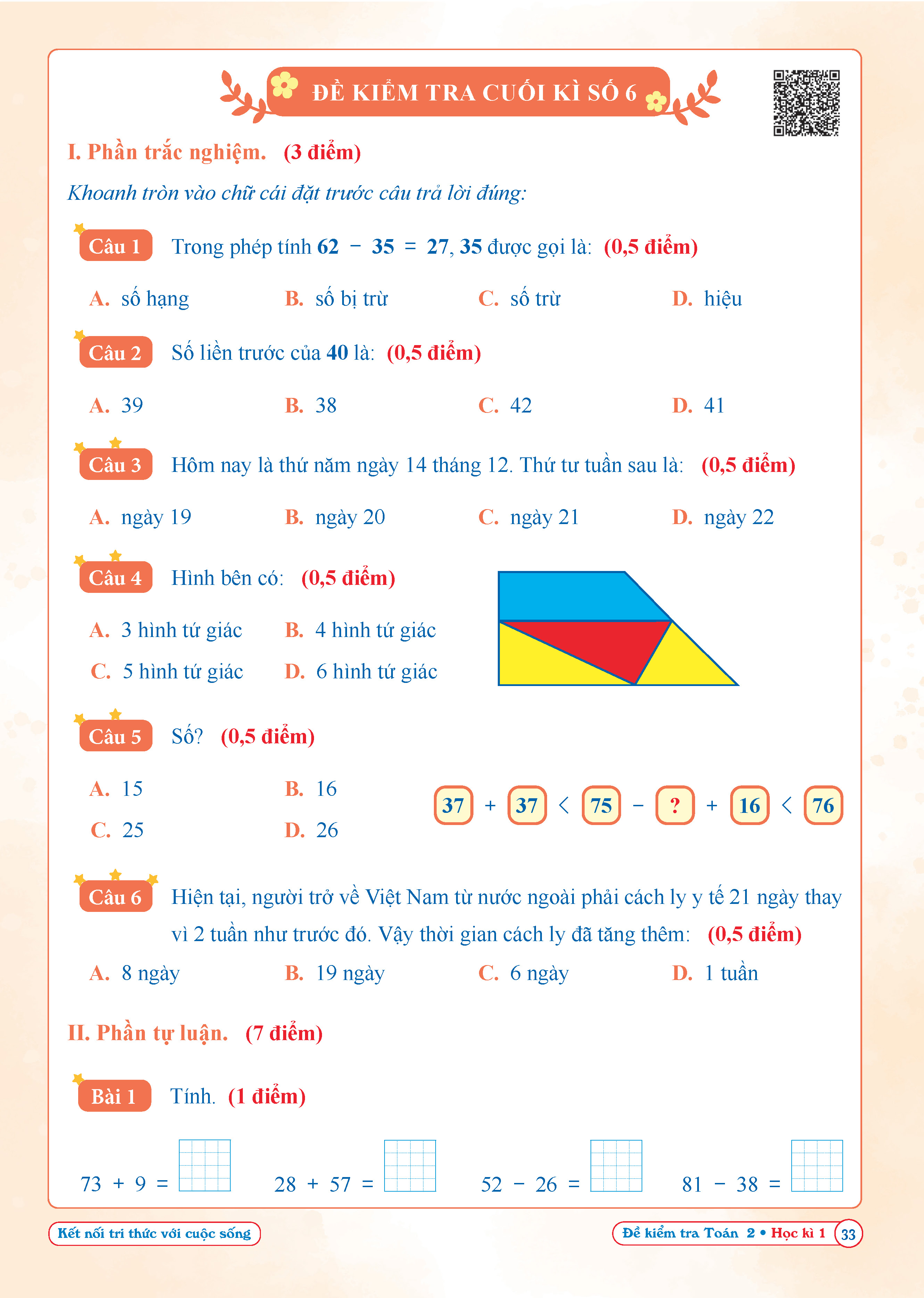 Đề Kiểm Tra Toán Lớp 2 - Kết Nối Tri Thức