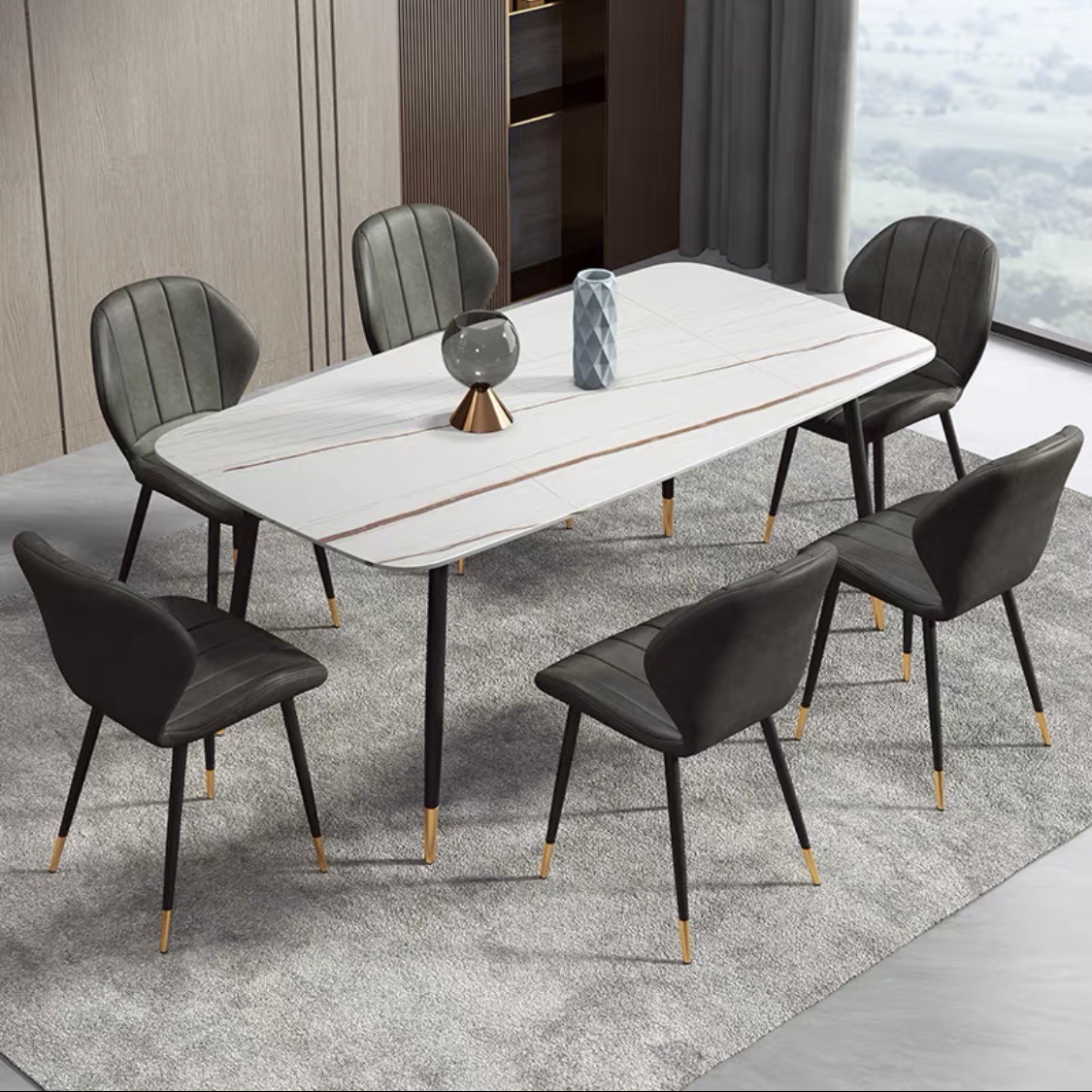 Bộ bàn ăn mặt đá phiến Ceramic kết hợp ghế Nordic sọc