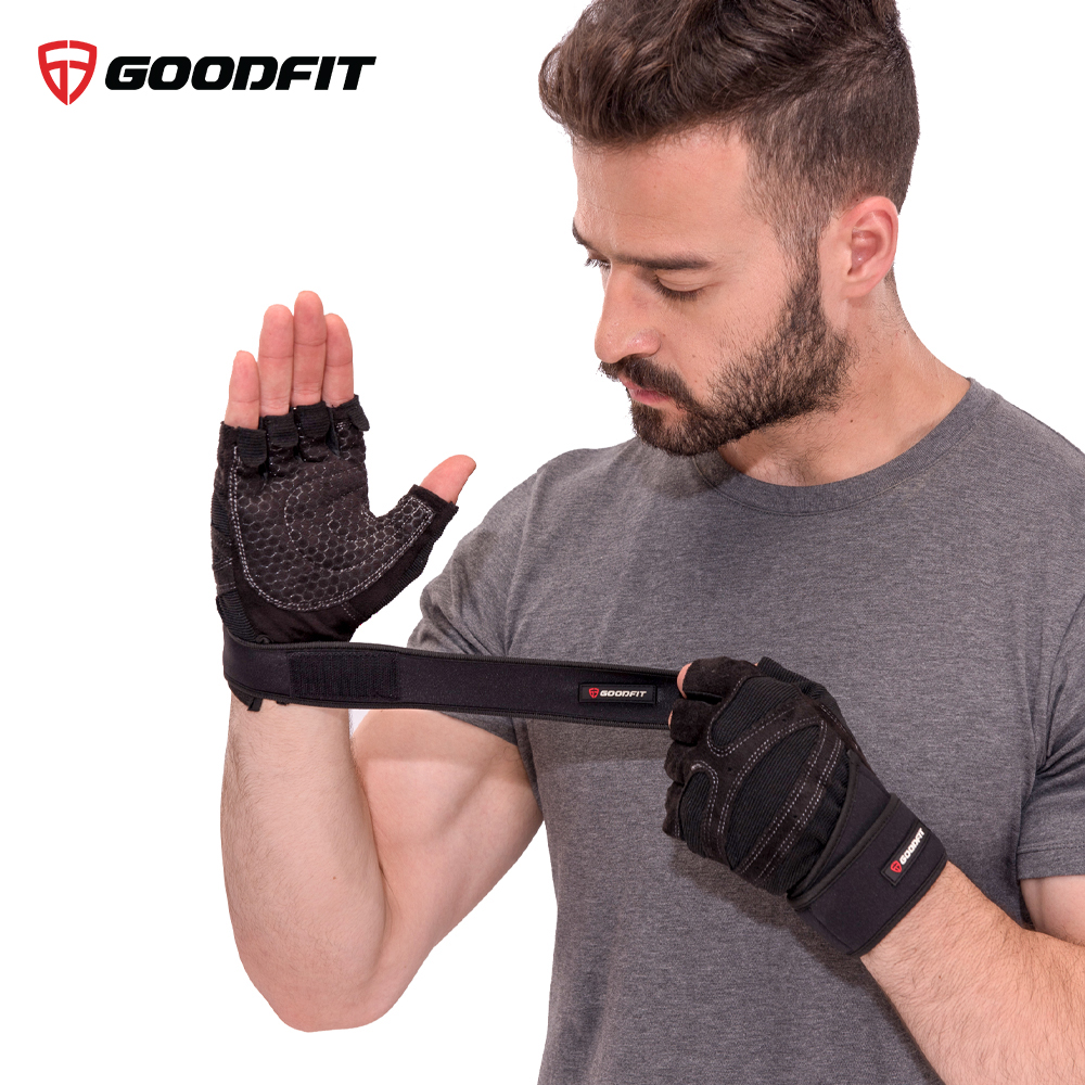 Găng tay tập gym nữ/nam hở ngón, bao tay tập Gym nữ/nam có quấn trợ lực cổ tay, đệm Silicone chống trượt GoodFit GF201G