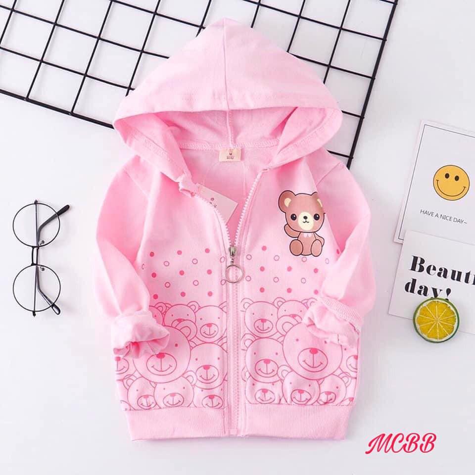 Áo khoác bé gái hình gấu xinh chất thun cotton mịn mát ấm áp mùa mưa