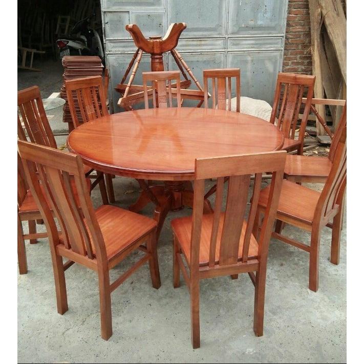 Bộ bàn ghế ăn gỗ sồi nga bàn tròn kính xoay 6 ghế