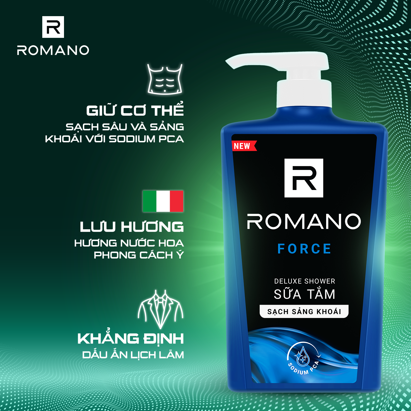 Sữa tắm cao cấp Romano Force mạnh mẽ tự tin sạch sảng khoái 650gr