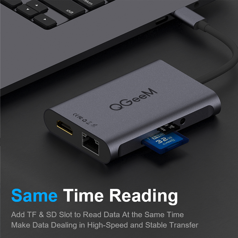 Bộ Hub USB C QGeeM 8 trong 1 4K USB sang HDMI, Type C sang Ethernet 1G, USB C sang USB 3.0 3.5mm AUX, đầu đọc thẻ Type C, Power Delivery (PD) 3.0- Hàng Chính Hãng