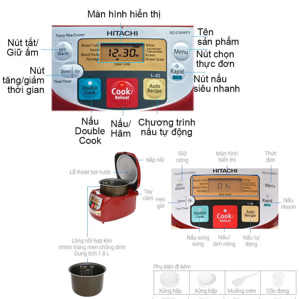 Nồi cơm điện tử 1.8 lít Hitachi RZ-D18WFY (BK) công nghệ Double Cook, sản xuất Thái Lan - Hàng chính hãng