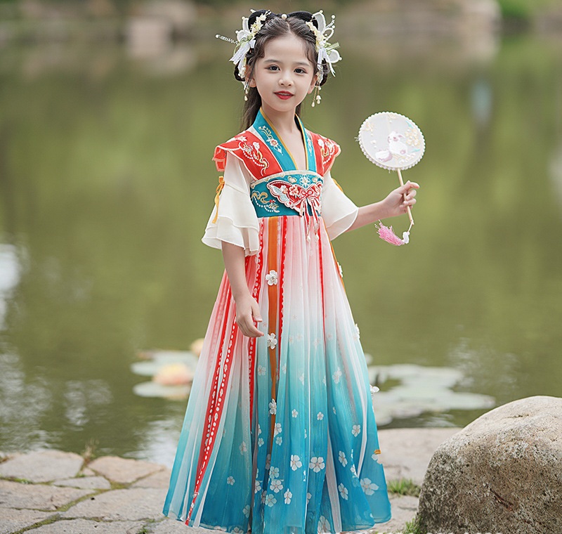 Đầm váy công chúa cổ trang hanfu thêu hoa cho bé gái diện lễ tết trung thu đẹp size 100-160kg hàng Quảng Châu