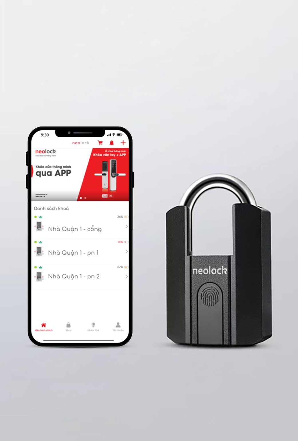 Ổ Khóa Bấm Vân Tay POK79 Chống Cắt Chống Nước Kèm Chìa Bluetooth Neolock