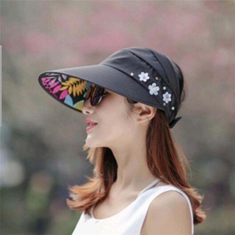 Phụ nữ hoa UV bảo vệ chiếc mũ mặt trời có thể gập lại nắp tấm che phủ mặt trời trang phục mặt trời ngoài trời thời trang Color: beige