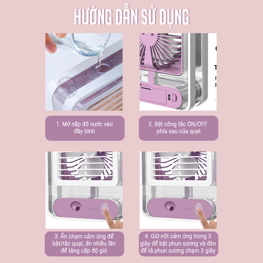 Quạt Hơi Nước Mini, Quạt Điều Hòa Hơi Nước Mini Làm Mát Không Khí, Tạo Độ Ẩm, Quạt Mini Để Bàn Tích Điện, Nhiều Chế Độ Có Bình Đựng Nước, Nốt Chạm Cảm Ứng, Có Đèn - Hàng Chính Hãng Besti