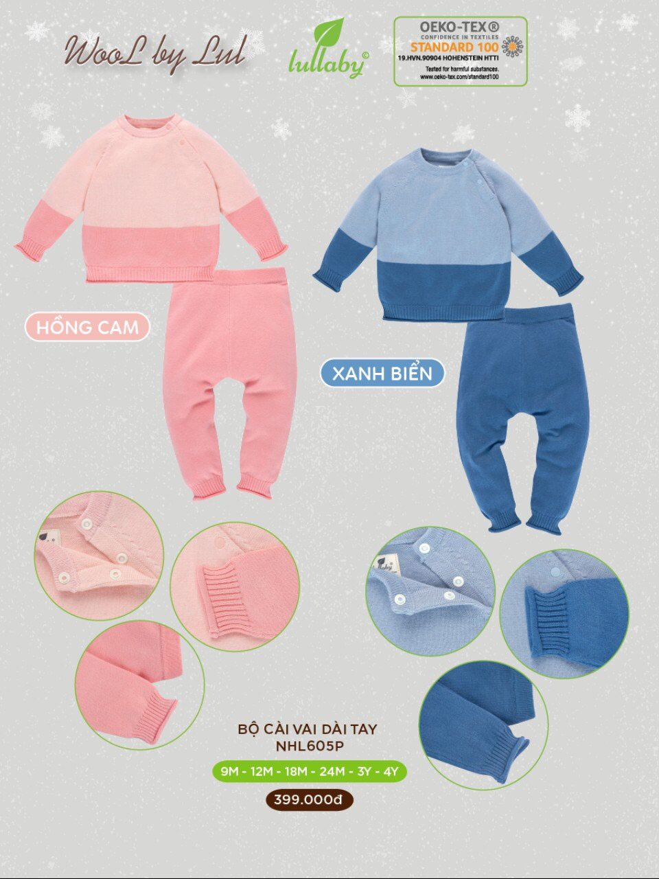 Bộ quần áo len Lullaby NHL605P, bộ thu đông bé trai, bé gái cao cấp