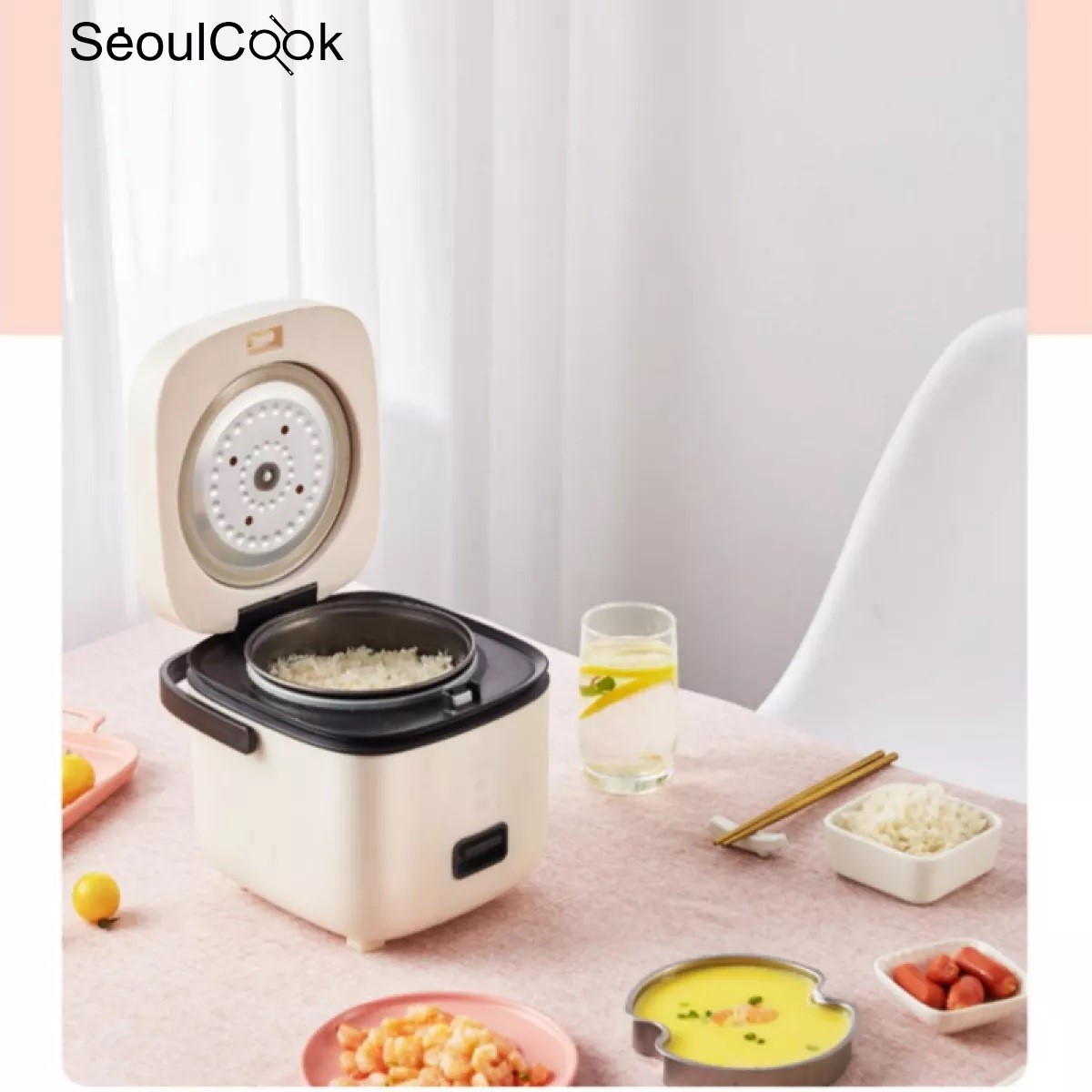 Nồi cơm điện mini đa năng Rice Cooker Seoulcook 1,2l hàng nội địa cao cấp nấu cơm, cháo, chưng, hấp,... tặng khay hấp + vá cơm + cốc đong