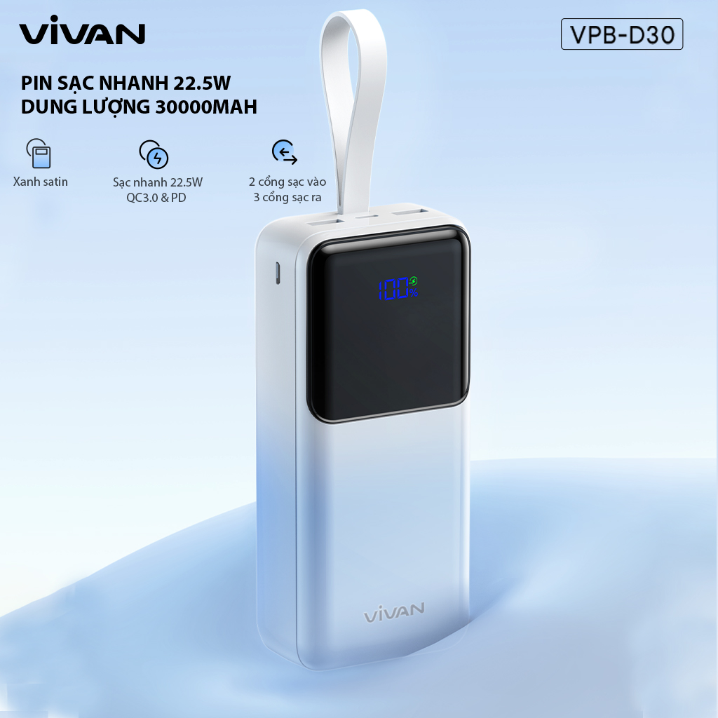 Pin Dự Phòng Sạc Nhanh VIVAN Dung lượng 30.000 mAh Sạc nhanh 22.5W QC3.0 &amp; PD 2 cổng sạc vào 3 cổng sạc ra VPB-D30 BH 12 THÁNG - HÀNG CHÍNH HÃNG