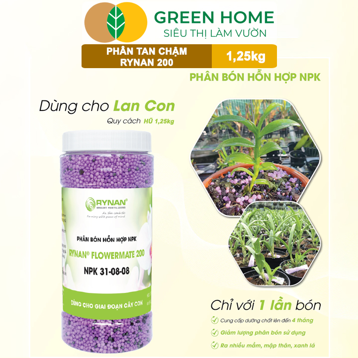 Phân Tan Chậm GreenHome, Rynan 200, Hũ 1,25kg, Dành Cho Phong Lan Con, Bonsai Kích Chồi, Dưỡng Chất