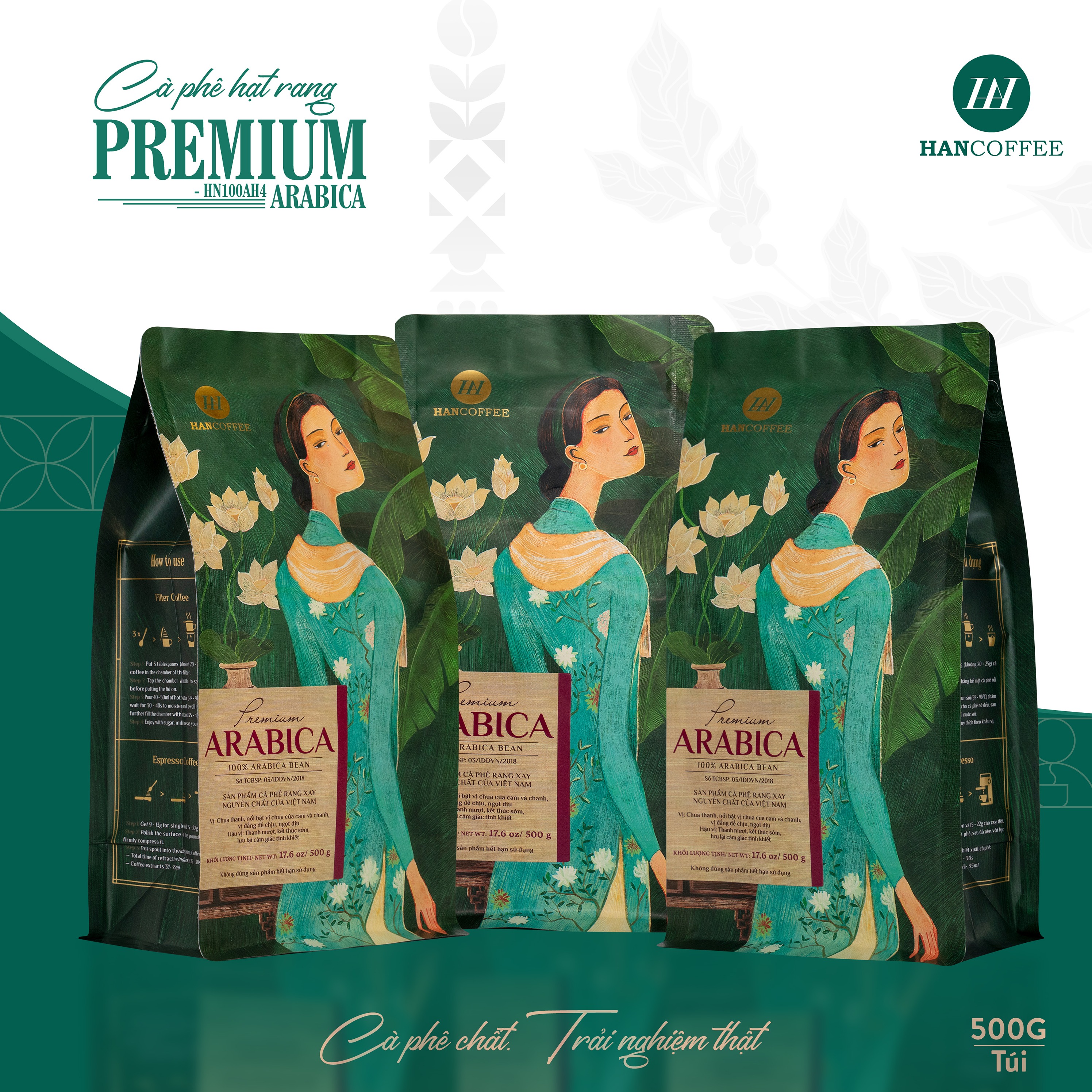 Cà Phê Premium Arabica Rang Mộc 100% HANCOFFEE Đắng Vừa Phải, Chua Nhẹ, Ngọt Dịu Pha Máy 500g