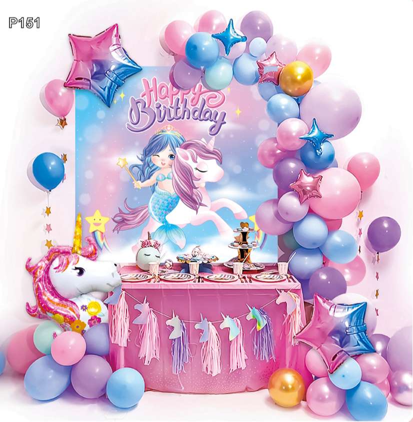 Set trang trí sinh nhật mẫu poster hình nàng tiên cá và kỳ lân kèm ống bơm tay cho bé gái - Happy Birthday