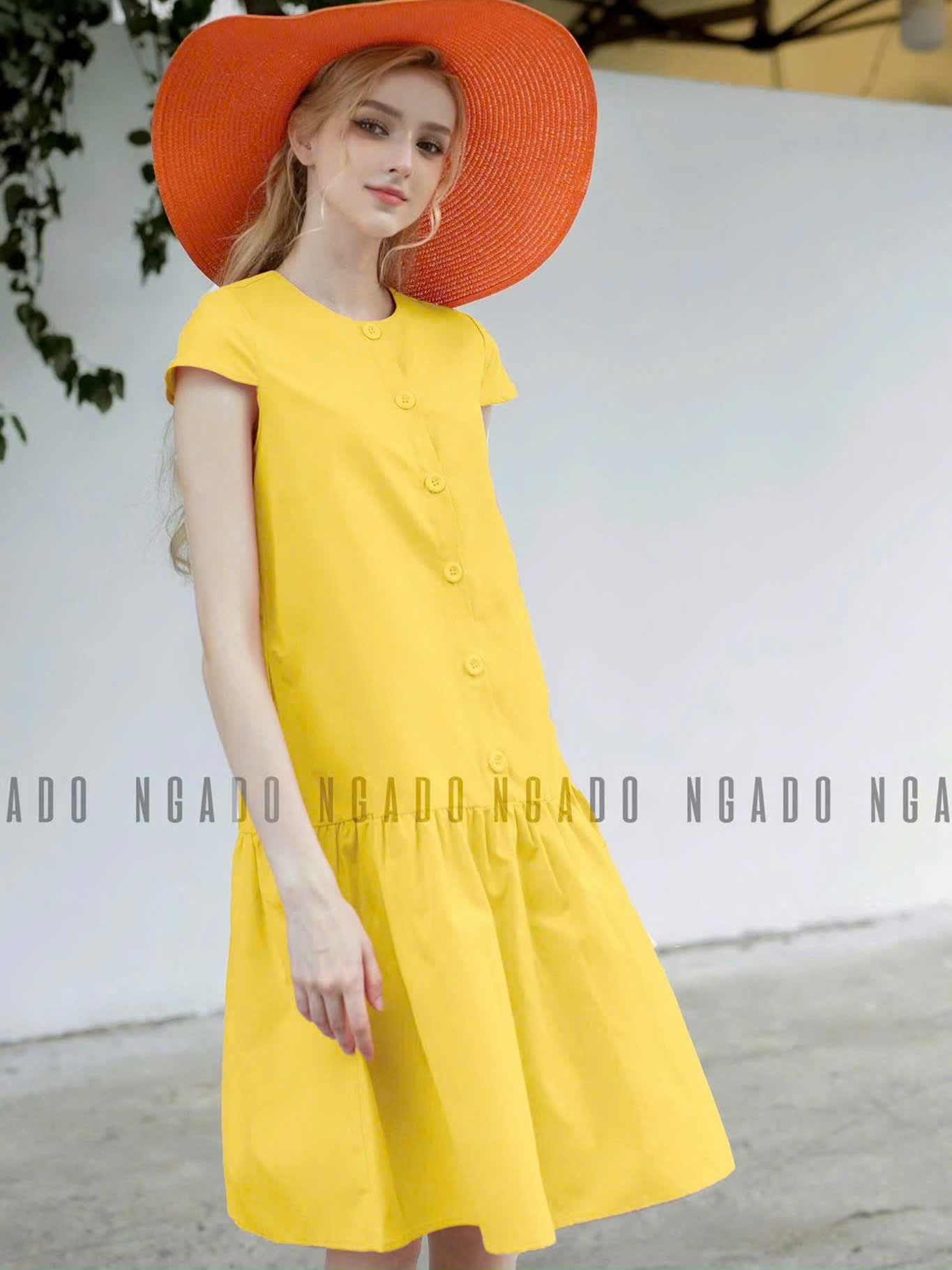 Đầm babydoll vàng tay con NGADO , đầm suông , đầm kiểu Nữ