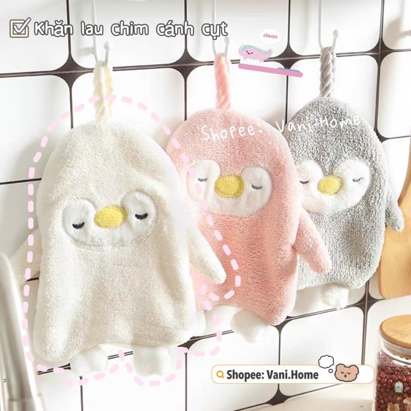 Khăn lau tay nhà bếp hình CHIM CÁNH CỤT dễ thương treo tường phòng bếp, phòng tắm vải lông cừu mềm mại thấm hút tốt