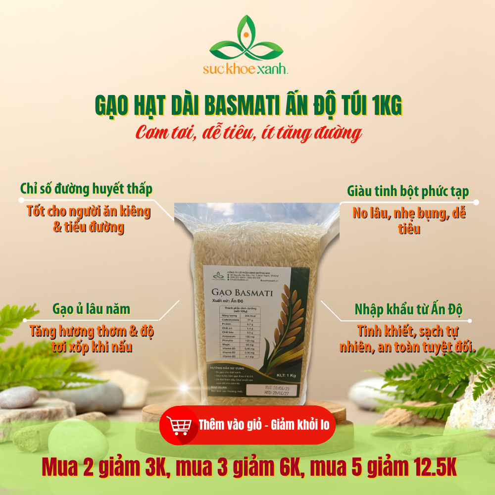 Gạo Basmati 1509 Ấn Độ Túi 1kg Chính Hãng – Hạt Dài, Tơi Xốp, Thơm Tự Nhiên, Ít Đường, Nhẹ bụng, Giàu giá trị dinh dưỡng, Phù Hợp Ăn kiêng, Eat Clean