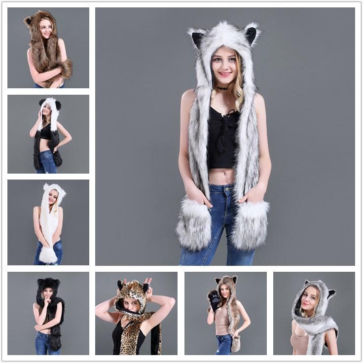 Hot Áo Lông Thú Giả Ấm Khăn Quàng Cổ Cho Mùa Đông Sói Hổ Husky Hood Khăn Mũ Găng Tay Bộ Nữ Cô Gái Động Vật Tinh Thần mũ Lưỡi Trai
