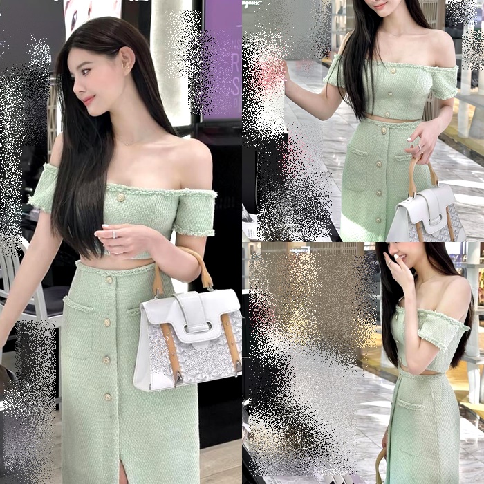 ĐẦM SET ÁO ỐNG TRỄ VAI ÔM BODY XANH MINT PASTEL + CHÂN VÁY DÀI LƯNG CAO MIDI XẺ TRƯỚC ĐI CHƠI ĐI TIỆC NOEL DẠO PHỐ ĐI BIỂN