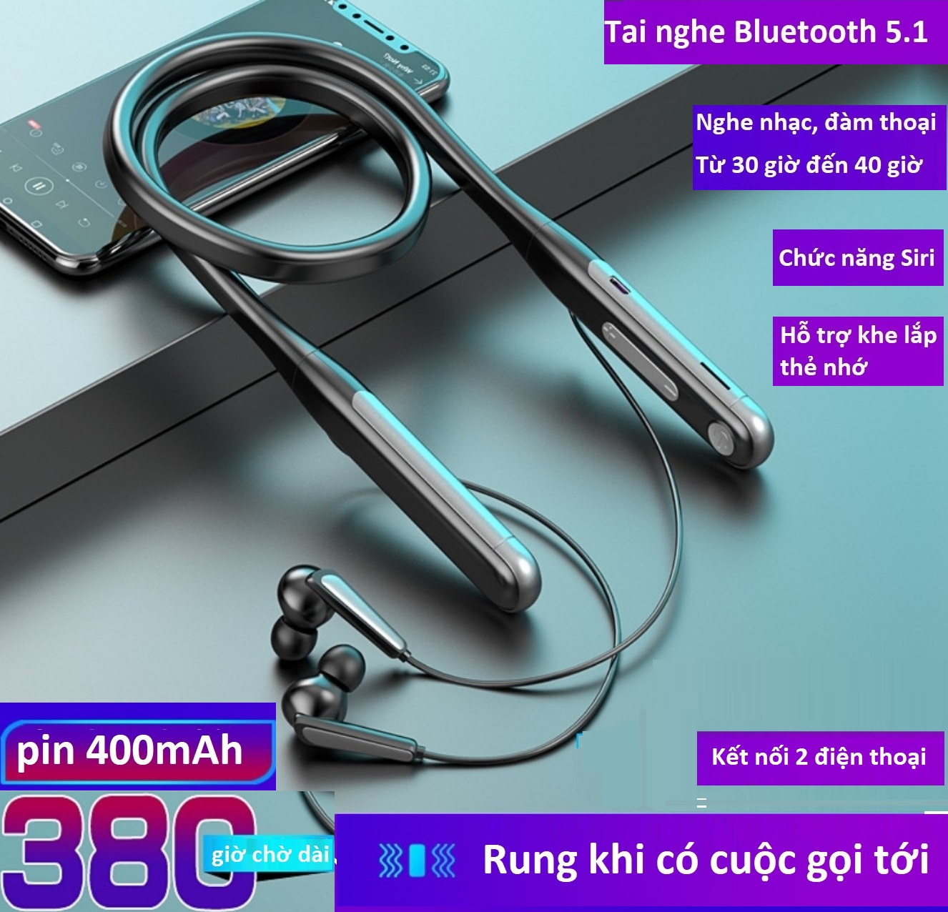 Tai Nghe Bluetooth Có Rung Chip 5.1, Thể Thao Quàng Cổ , Pin Lớn 400mAh Sử Dụng Liên Tục từ 30 Đến 40 Giờ, Kết Nối 2 Điện Thoại, Chức Năng Siri, Hỗ Trợ Khe Lắp Thẻ Nhớ.