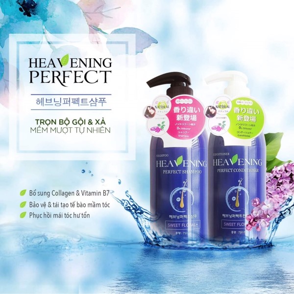 Bộ chăm sóc tóc Dầu Gội &amp; Dầu Xả dưỡng chất suôn mượt Heavening 750ml tặng kèm mũ tắm họa tiết hoa