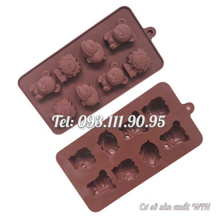 Khuôn silicon làm bánh, rau câu, socola 8 con hà mã, sư tử, gấu – Mã số 1435