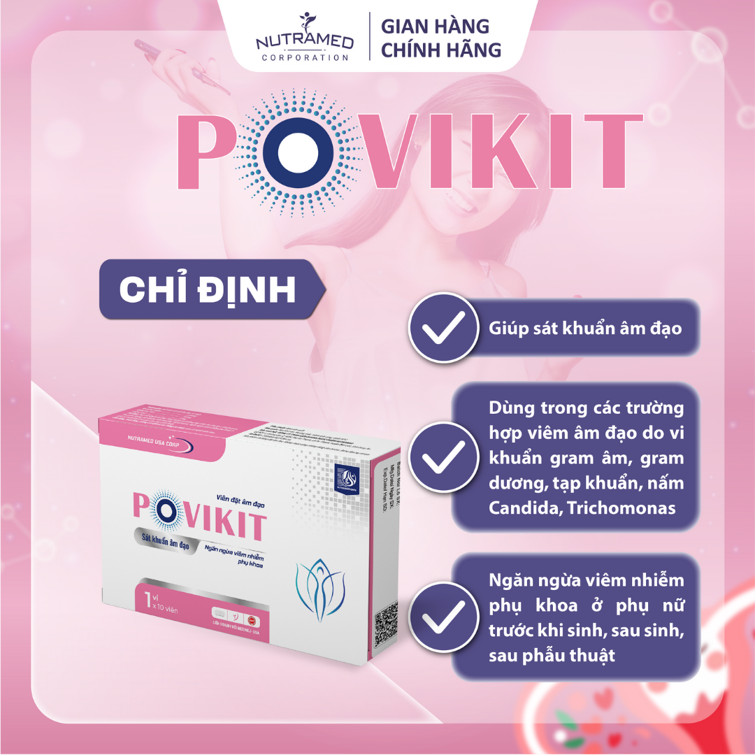 Viên đặt Povikit hỗ trợ giảm viêm cô bé do nhiễm vi khuẩn, nấm ngứa, mùi hôi - Nutramed (10 viên)