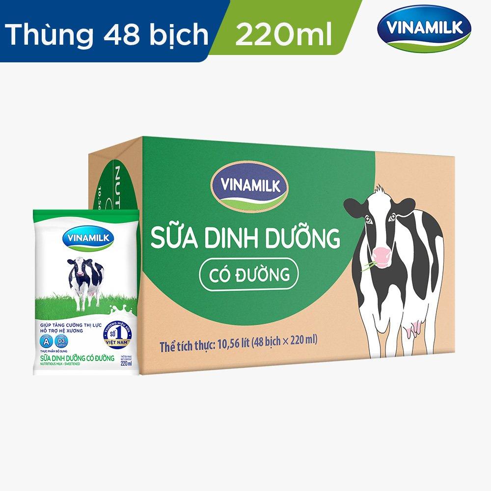 Thùng 48 bịch sữa dinh dưỡng Vinamilk có đường - 220ml x 48 bịch