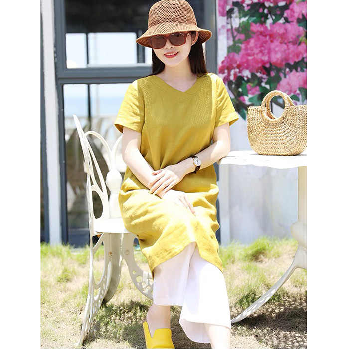 Sét Đầm Suông Linen ngắn tay cồ tim kèm Quần ống rộng ArcticHunter