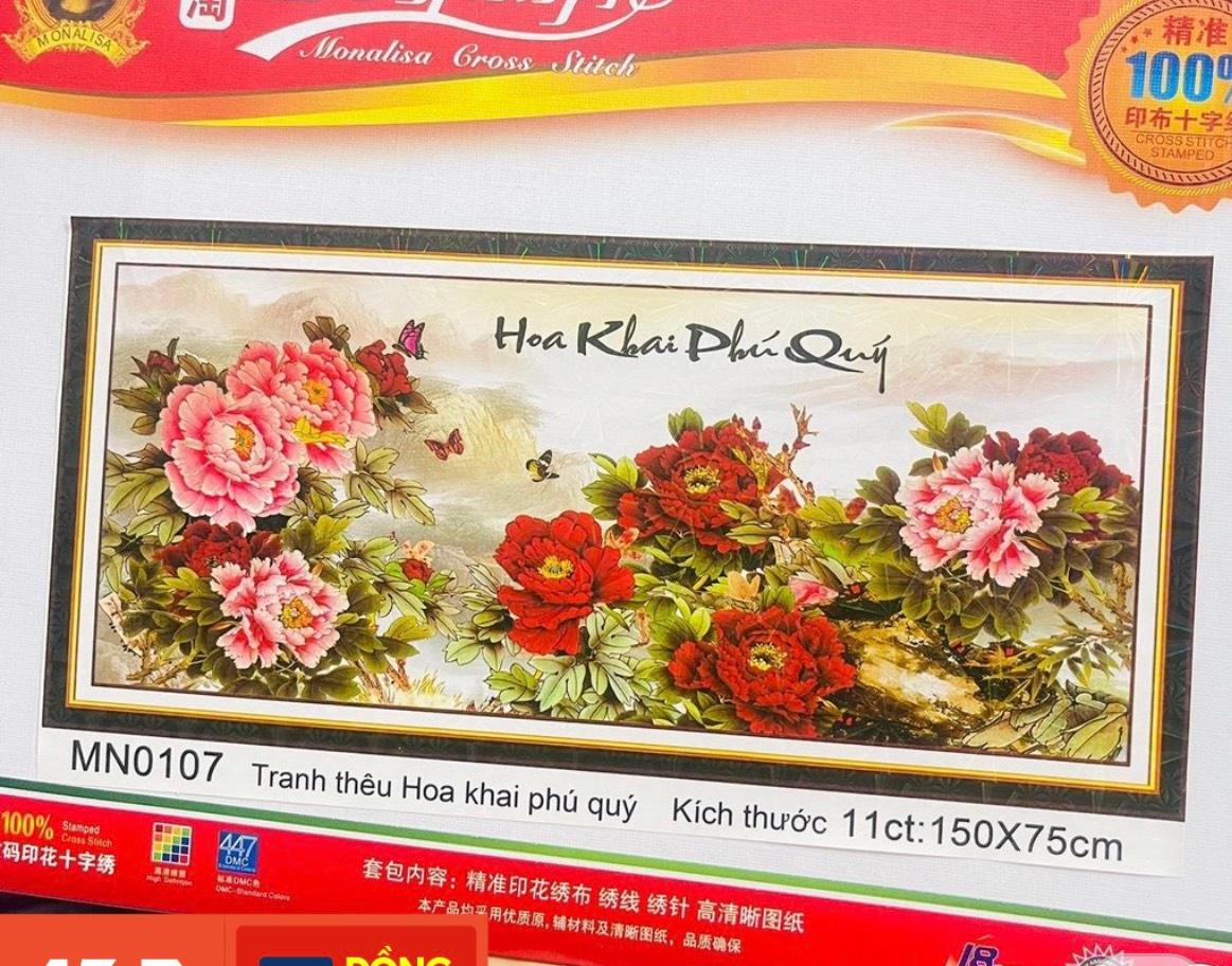 Tranh thêu chữ thập mẫu đơn hoa khai phú quý MN0107 - kích thước 150 * 75
