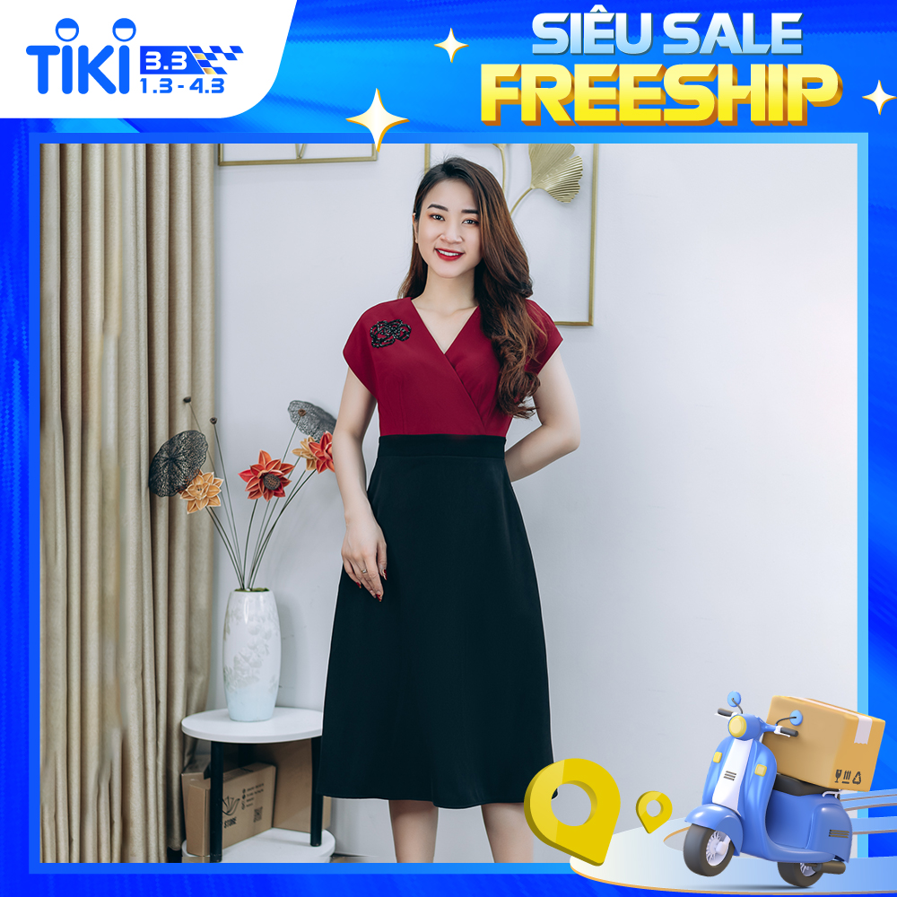 Đầm form A thiết kế trung niên cao cấp sang trọng Cổ đắp chéo đính đá màu Đỏ đô TTV STORE TTV1260