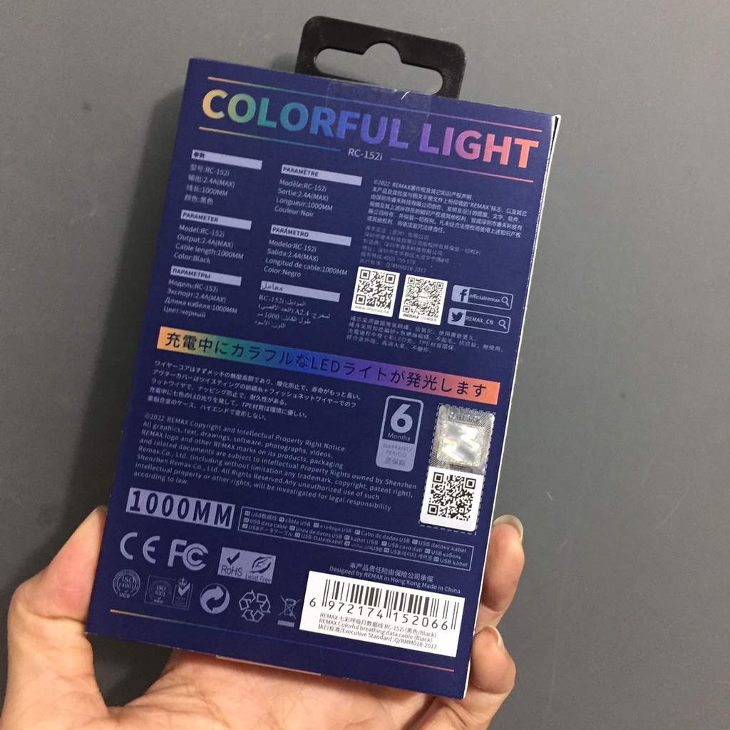 Cáp sạc và truyền dữ liệu cho iP 2.4A 1m Remax Colorful Light RC152i _ Hàng chính hãng