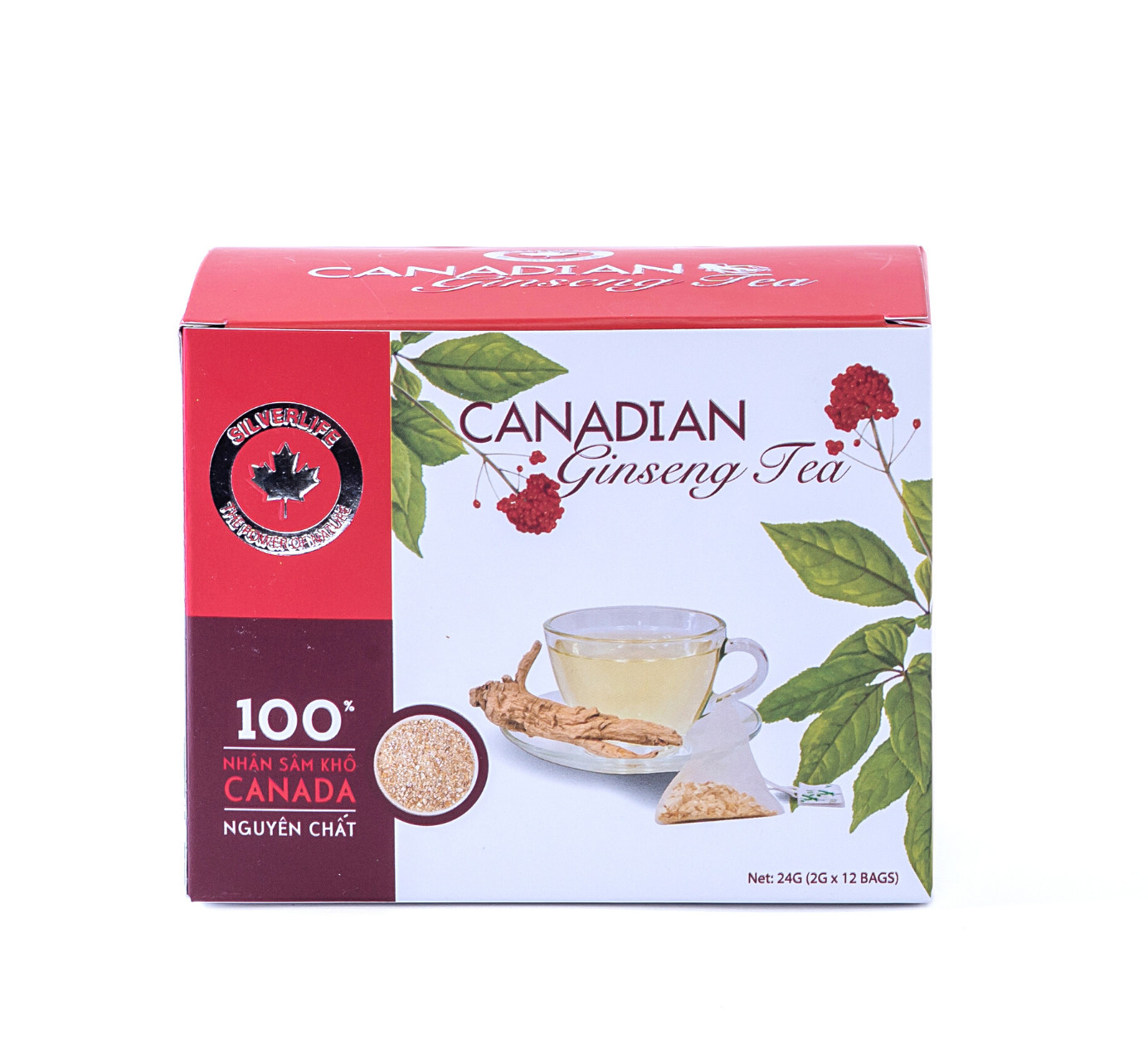 Trà nhân sâm Canada SilverLife hộp 12 gói  24g - 100% nhân sâm Canada tự nhiên nguyên chất - Giúp giải nhiệt, tăng cường sức khoẻ