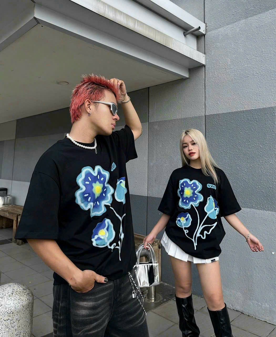 Hình ảnh Áo thun cặp đôi, áo phông nam nữ tay lỡ unisex Local Brand FLOWER TEE 100% cotton in lụa Bắt Trend