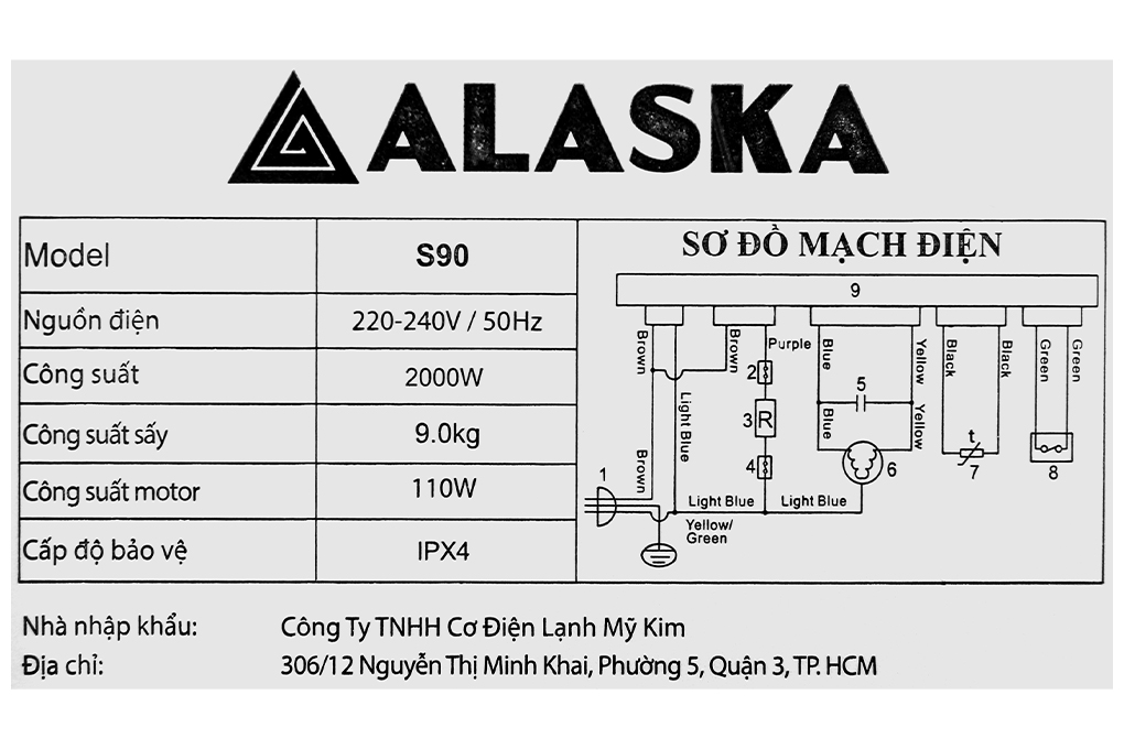 Máy sấy thông hơi Alaska 9 kg S90 -Hàng chính hãng- Giao tại Hà Nội