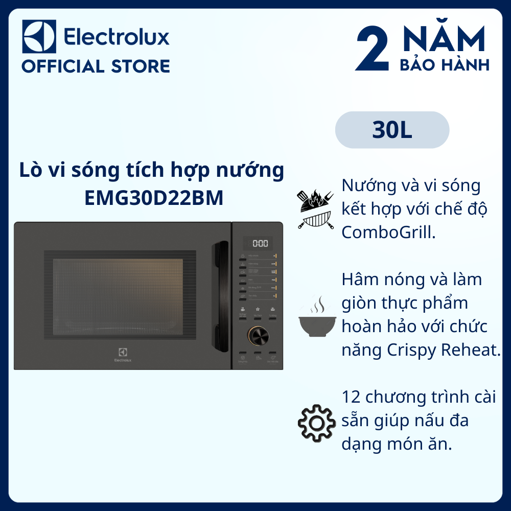 Lò vi sóng để bàn Electrolux tích hợp nướng đối lưu 30L UltimateTaste 500 EMG30D22BM, 12 chương trình cài sẵn [Hàng chính hãng]