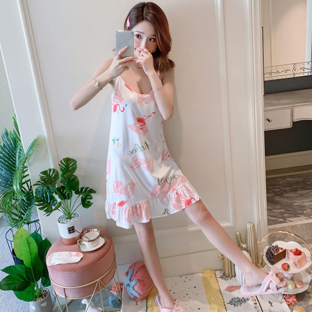 Đầm ngủ hai dây dáng rộng họa tiết in xinh xắn mùa hè cho nữ