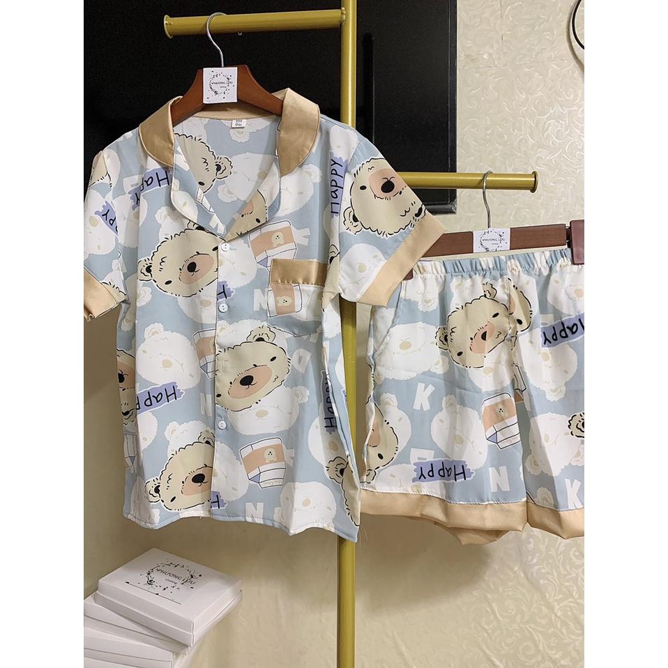 Bộ Pijama Lụa Satin Phối Hàn họa tiết gấu đáng yêu - Bộ Mặc Nhà Cộc sang xịn Mềm Mát Thoải Mái