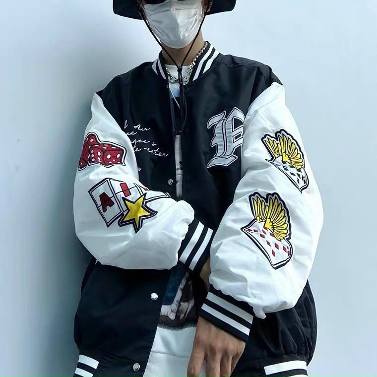 Áo khoác bomber dù nam nữ bóng chày kiểu dáng form rộng tay dày dặn dù 2 lớp họa tiết xúc xắc
