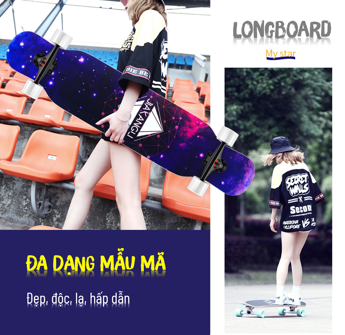 Ván Trượt Thể Thao Sport &amp; Dancing Longboard Skating 107 cm - Ván Trượt Có Nhám Chống Trượt, Ván Trượt Gỗ Chống Nước Cực Tốt Chịu Lực Tốt, Ván trượt Nữ