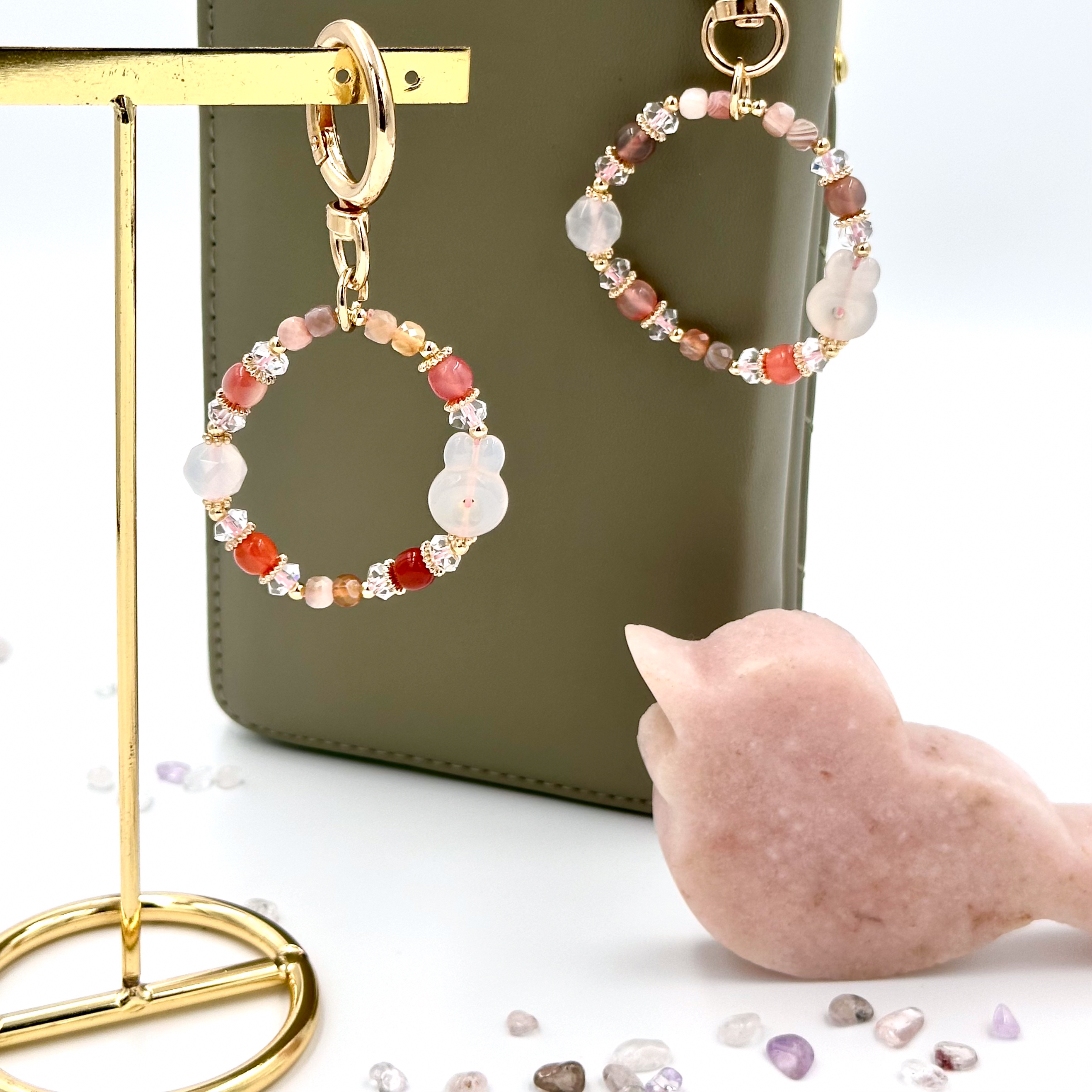 CRZ Bag Charm - Phụ Kiện - Carnelian WithWhite Agate Rabbit Donut - Móc Khóa Vòng Tay Đá Carnelian, Mã Não Trắng Kèm 1 Charm Mã Não Hình Chú Thỏ Donut