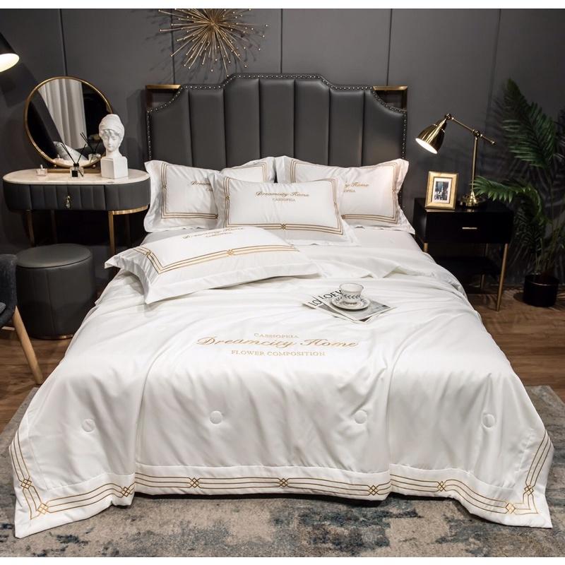 Bộ Chăn Trần Ga Và Gối Phi Lụa DreamCity Home Thêu 3 Sọc Tiện Lợi Cho Mùa Hè Thu ,Có Đủ Kích Thước Gường
