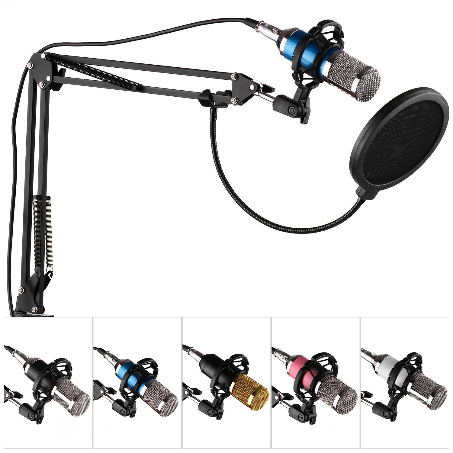 Bộ micrô thu âm trong phòng thu phát sóng chuyên nghiệp với kính chắn gió micrô + Giá đỡ sốc + Có thể điều chỉnh - Màu trắng