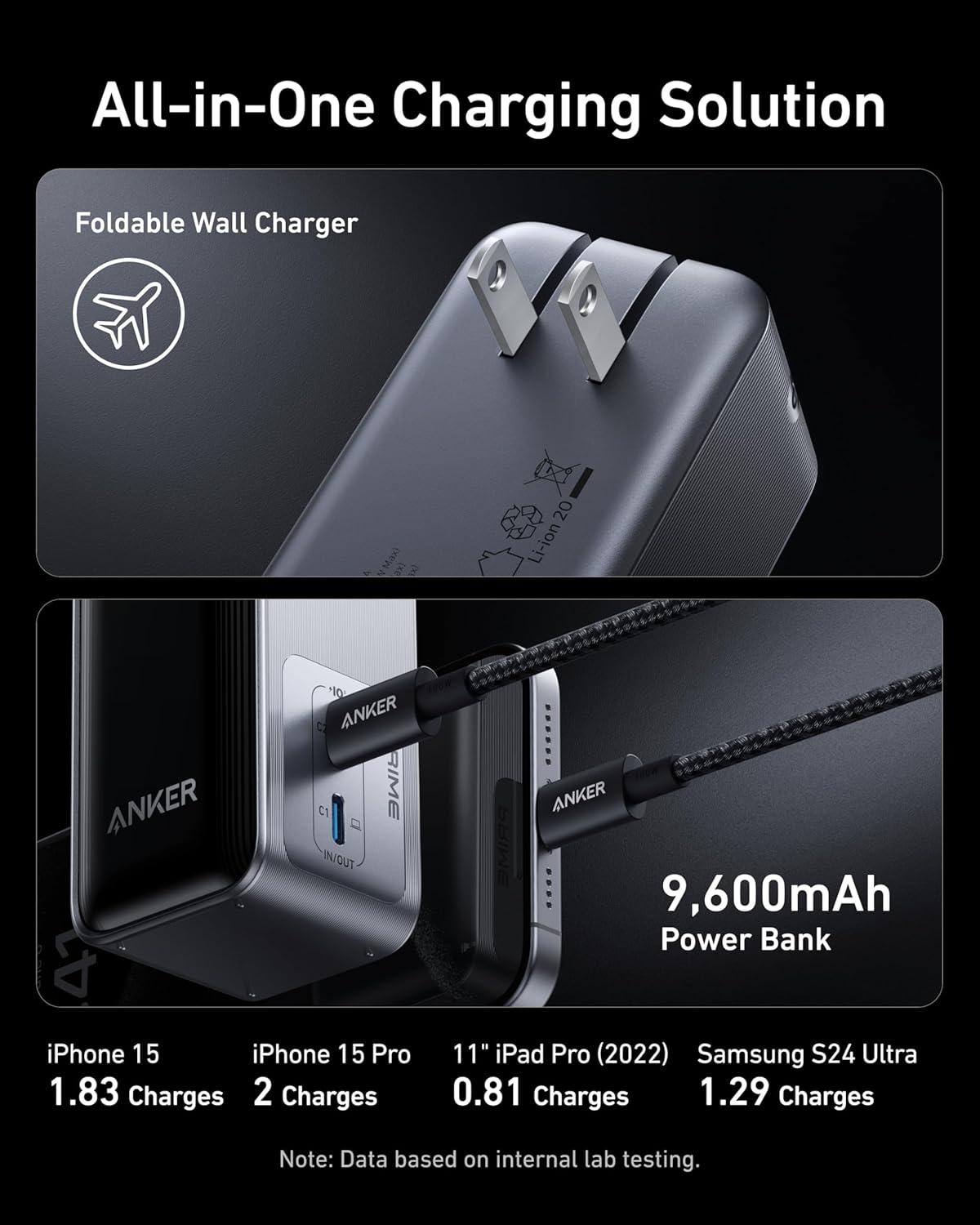 Sạc dự phòng Anker Prime Fusion 2C 65W 9600mah (Built-In USB-C Cable) Đen (Black) A1339 - Hàng Chính Hãng