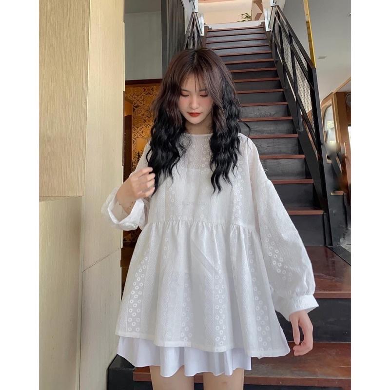 Áo Babydoll Hoa Nhí Nữ dáng xoè dài tay màu trắng tiểu thư Giấu Quần Siêu hót. MET SHOP