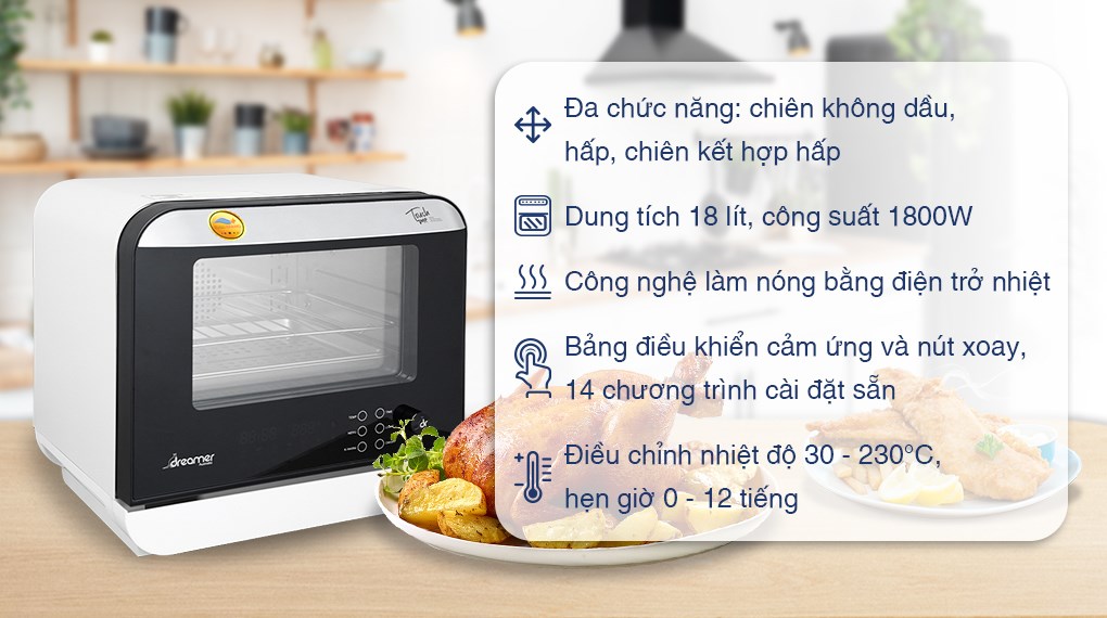 Lò chiên không dầu hơi nước Dreamer DKA-SAF118W 18 lít - Hàng chính hãng