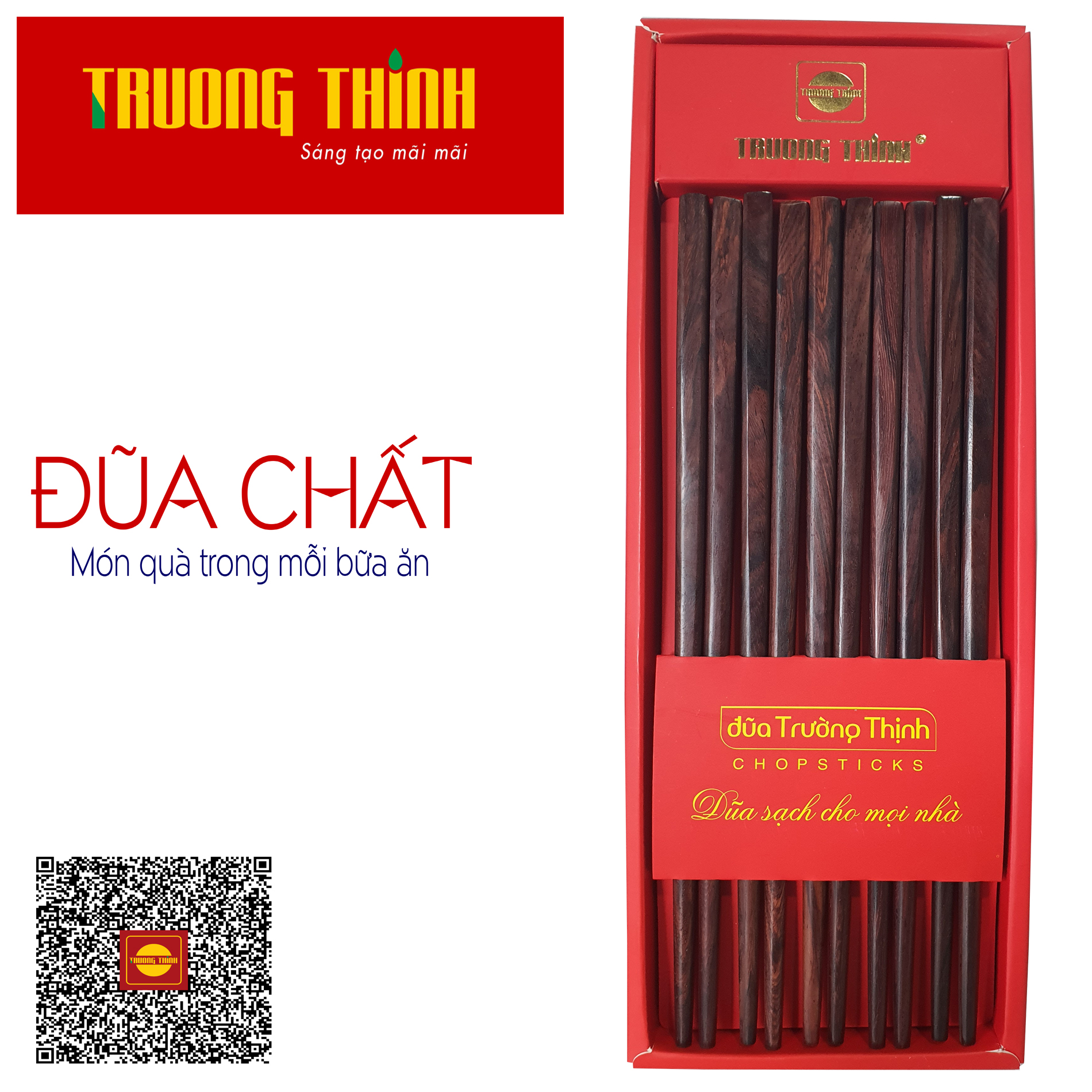 Đũa Gỗ Trắc Vân Cao Cấp Trường Thịnh Loại Đặc Biệt/ Hộp Màu Đỏ/ 10 Đôi Vuông Trơn