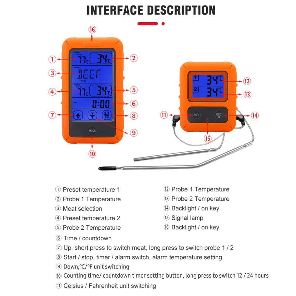 Wireless Meat Thermometer with 2 Probes 328Ft Long Range LCD Backlight Display Countdown Timer Temperature Alarm Digital Remote BBQ Thermometers for Barbeque Grill Oven Kitchen