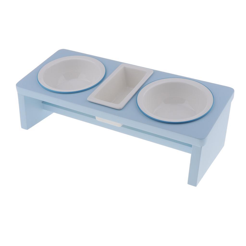Pet Ceramic Food Water Feeding Bowl With Wooden Stand For Cat Dog Sky Blue
